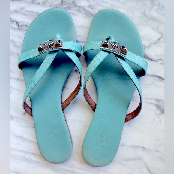 Hermes Epsom Corfou Sandals Bleu Atoll size 38 - Picture 1 of 7
